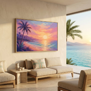 Moderne Kust Zonsondergang Palmboom Muurkunst Post Poster