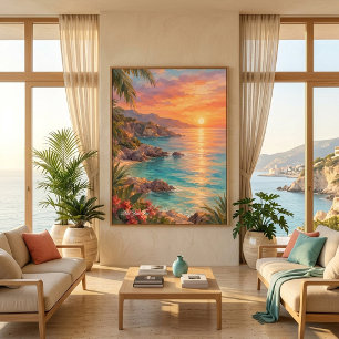Moderne Kust Zonsondergang Tropische Cove Muurkuns Poster