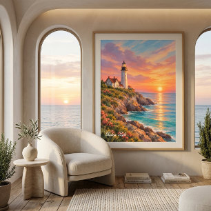 Moderne Kust Zonsondergang Vuurtoren Muur Kunst Po Poster