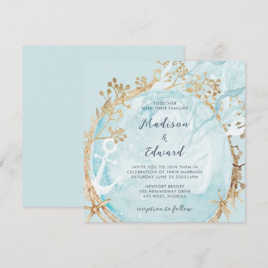 Moderne Kustkust Nautische Blauwgroen Groene Goude Kaart (Voorkant / Achterkant)