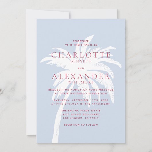 Moderne Kustpalmboom in Blauw en Roze Huwelijk Kaart (Voorkant)
