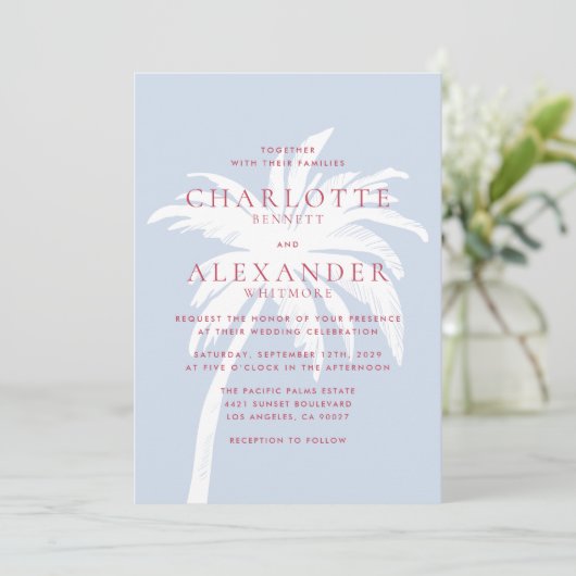 Moderne Kustpalmboom in Blauw en Roze Huwelijk Kaart (Staand voorkant)