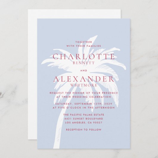 Moderne Kustpalmboom in Blauw en Roze Huwelijk Kaart (Voorkant / Achterkant)