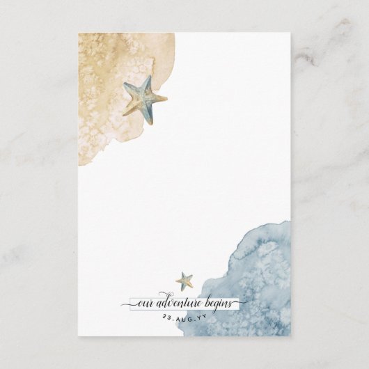 Moderne Kuststoffige Blauwe Strand Bruiloft Detail Informatiekaartje (Achterkant)
