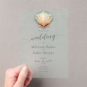 Moderne Kustzeeschelp Aqua Bruiloft Acryl Uitnodigingen (Insitu (Draagbaar))