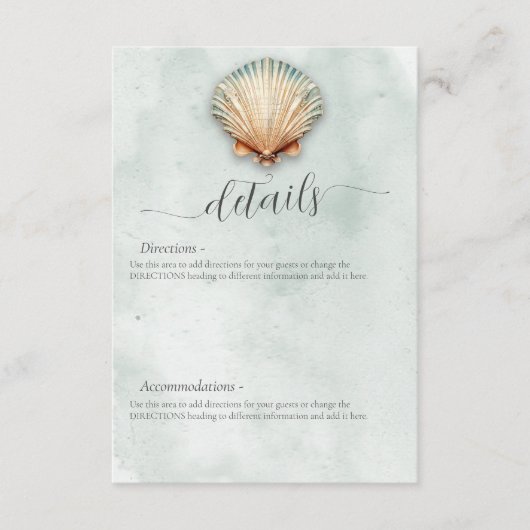 Moderne Kustzeeschelp Aqua Bruiloft Details Informatiekaartje (Voorkant)