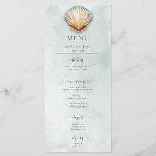 Moderne Kustzeeschelp Aqua Bruiloft Menu (Voorkant)