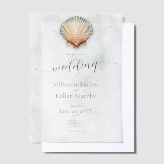 Moderne Kustzeeschelp Aqua Bruiloft Vellum Uitnodigingen (Offset)