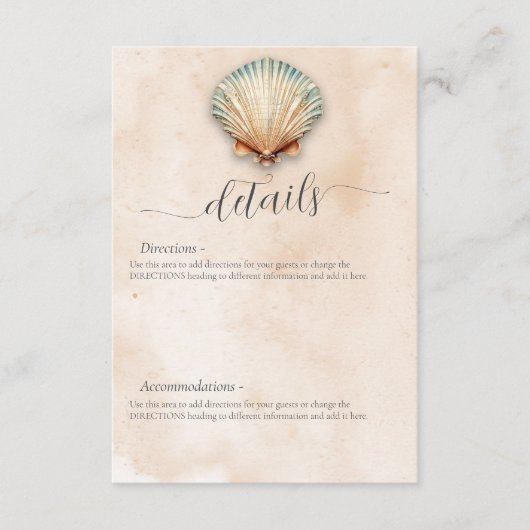 Moderne Kustzeeschelp Zand Bruiloft Details Informatiekaartje (Voorkant)