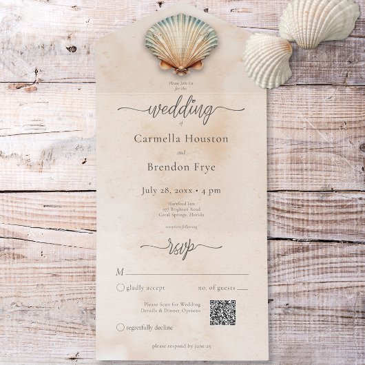 Moderne Kustzeeschelp Zand Waterverf QR Code All In One Uitnodiging