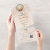 Moderne Kustzeeschelp Zand Waterverf QR Code All In One Uitnodiging (Afscheurbaar)