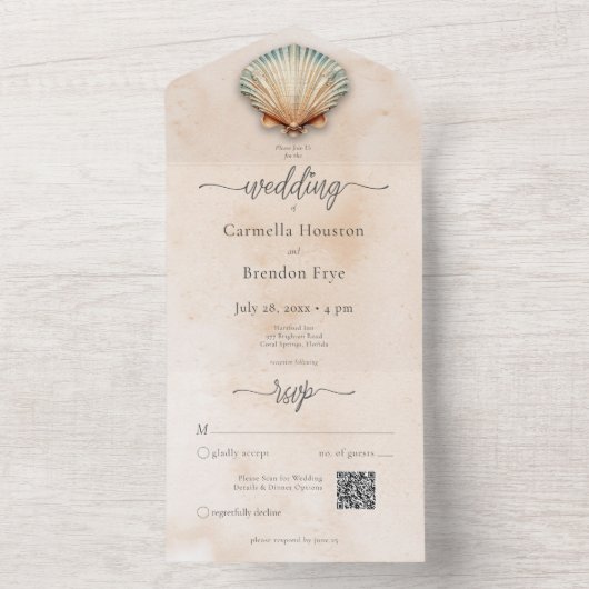 Moderne Kustzeeschelp Zand Waterverf QR Code All In One Uitnodiging (Binnen)
