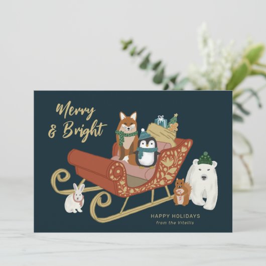 Moderne Kute Animal Friends en Slaapse Kerstmis Feestdagenkaart (Staand voorkant)