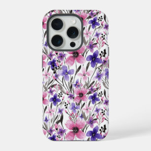 Moderne Landelijk Roze Paarse Bloemige Waterverf iPhone 15 Pro Case