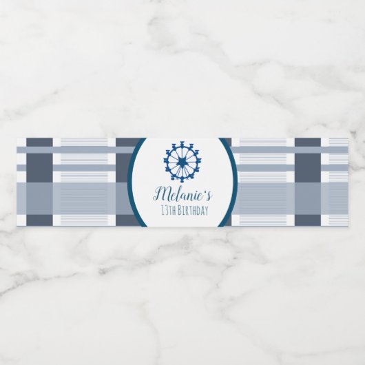 Moderne landelijke Fair Ferris Wheel Party Blue Ps Waterfles Etiket (Enkel label)