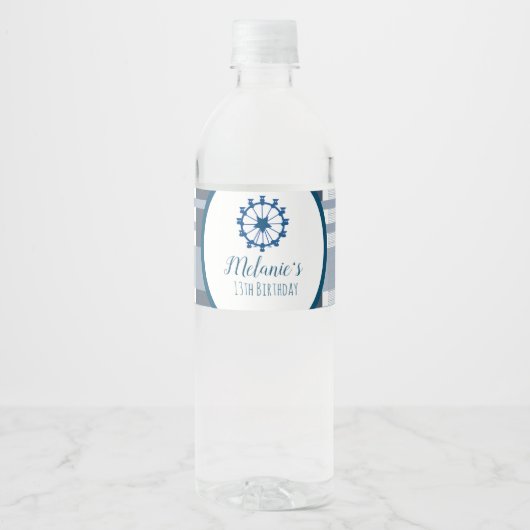 Moderne landelijke Fair Ferris Wheel Party Blue Ps Waterfles Etiket (Voorkant)