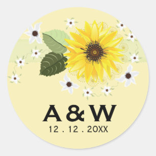 Moderne landelijke zonnebloem bloemige huwelijksze ronde sticker