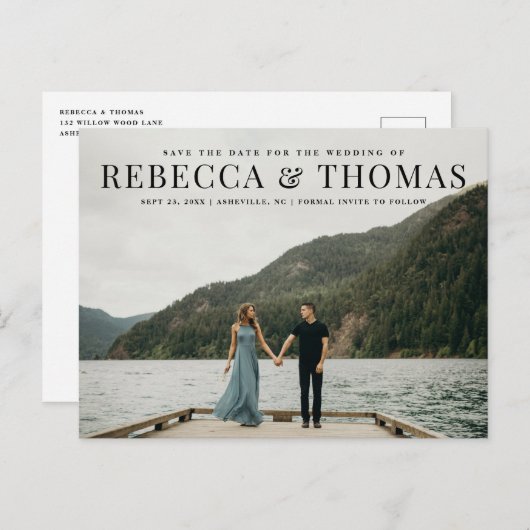 Moderne landschapsfotobruiloft met behoud van datu aankondigingskaart (Voorkant / Achterkant)