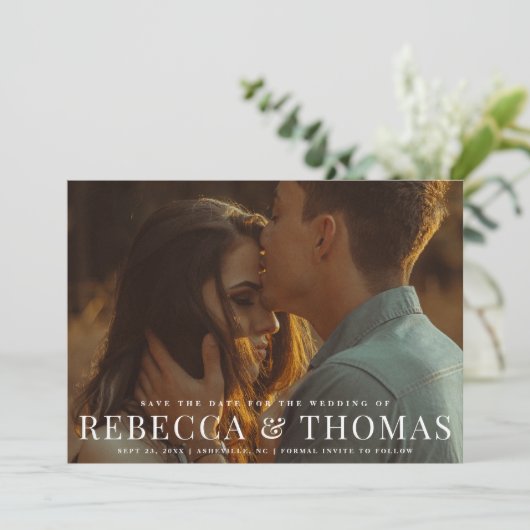 Moderne landschapsfotobruiloft met behoud van datu save the date (Staand voorkant)