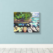 Moderne landschapsschildering, kuststad, boten canvas afdruk (Insitu (Houten vloer))