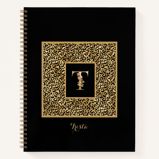 Moderne laopard Gold Personal Monogram Letter T Notitieboek (Voorkant)