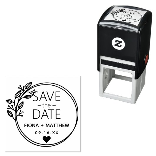 Moderne Laurel Circular Save the Date Wedding Zelfinktende Stempel (In situ)