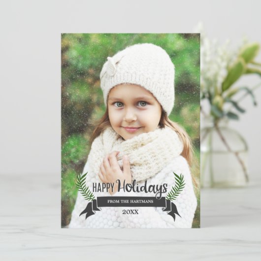 Moderne Laurels en lint kerstfoto Gold Feestdagenkaart (Staand voorkant)