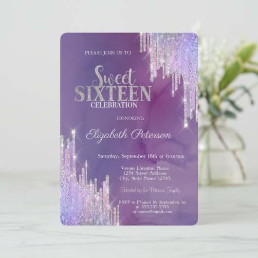 Moderne Lavander Glitter leidt tot Violet Sweet 16 Kaart (Staand voorkant)