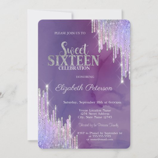 Moderne Lavander Glitter leidt tot Violet Sweet 16 Kaart (Voorkant)
