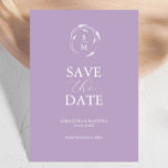 Moderne Lavendel Bewaar de datum Save The Date<br><div class="desc">Kondig uw verloving aan met deze minimale bruiloft, bewaar de datumuitnodigingen. Ze hebben een mix van klassieke en scripttypografie met lavendellijnkunst in het wit op een paarse achtergrond. Gebruik de sjabloon velden om te personaliseren met uw monogram initialen, naam en trouwdatum. Pas zelfs de kleuren aan uw gewenste trouwthema aan....</div>