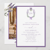 Moderne Lavendel Bloemen | Monogram Fotobruiloft Kaart (Voorkant / Achterkant)