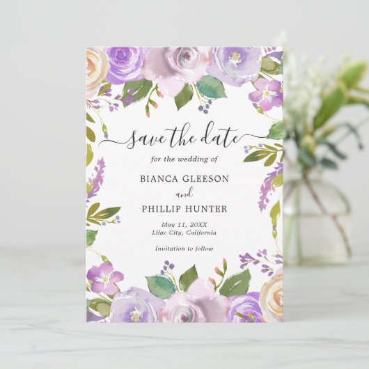 Moderne Lavendel Floral Elegant Bruiloft Save The Date (Staand voorkant)