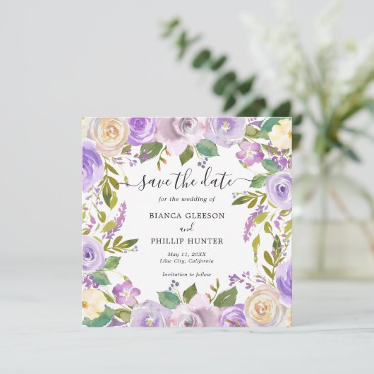 Moderne Lavendel Floral Elegant Bruiloft Save The Date (Staand voorkant)