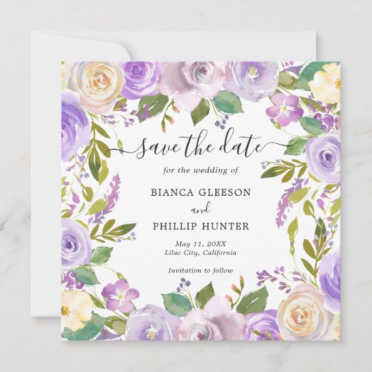Moderne Lavendel Floral Elegant Bruiloft Save The Date (Voorkant)