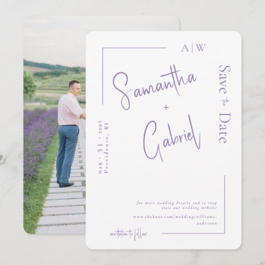Moderne Lavendel Foto Bruiloft Save the Date II (Voorkant / Achterkant)