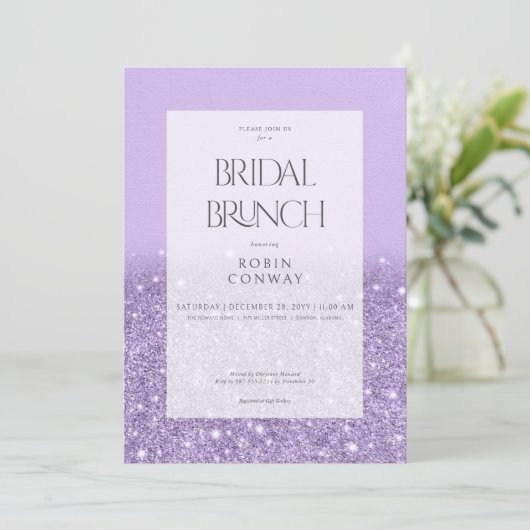 Moderne lavendel glam glitter bruids brunch kaart (Staand voorkant)