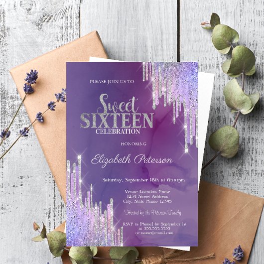 Moderne Lavendel Glitter Drips Paars Sweet 16 Kaart