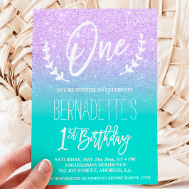 Moderne lavendel glitter typografie eerste verjaar kaart