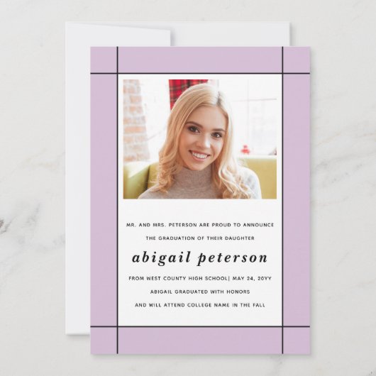 Moderne lavendel Klasse van 2024 afstuderen foto Aankondiging (Achterkant)