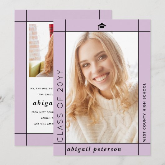 Moderne lavendel Klasse van 2024 afstuderen foto Aankondiging (Voorkant / Achterkant)