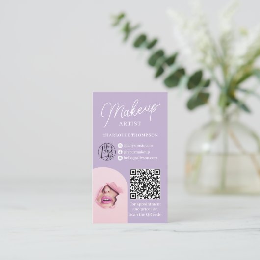Moderne lavendel make-up logo Qr code 2 foto's Visitekaartje (Staand voorkant)