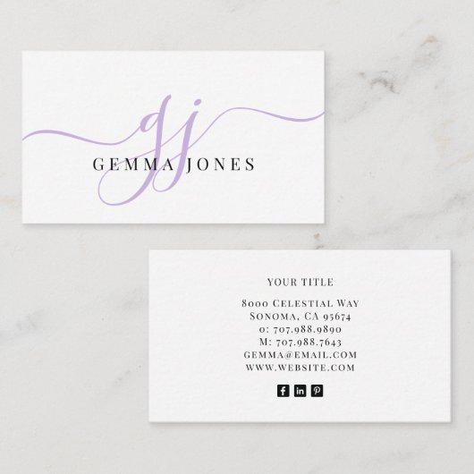 Moderne Lavendel Monogram Vrouwelijke Script Naam Visitekaartje (Voorkant / Achterkant)