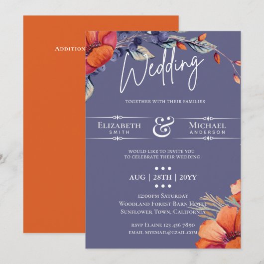 Moderne Lavendel Oranje Bloemen Bruiloft Uitnodigi (Voorkant / Achterkant)