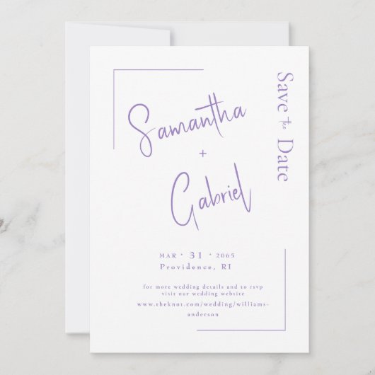 Moderne Lavendel Paar Foto Bruiloft Save the Date (Voorkant)