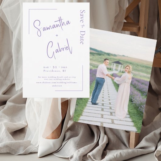 Moderne Lavendel Paar Foto Bruiloft Save the Date