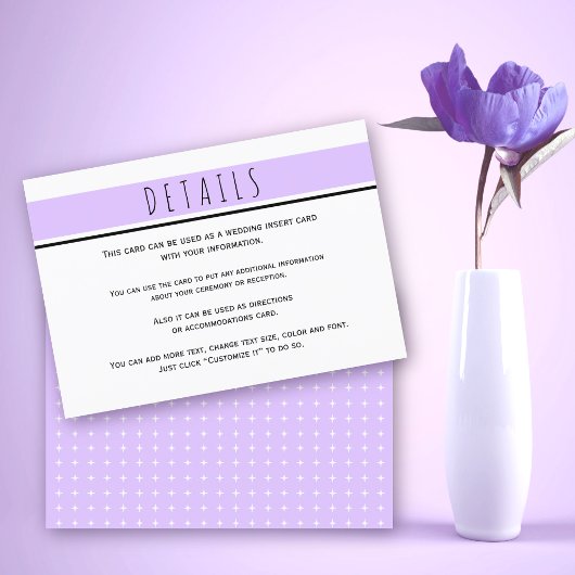 Moderne lavendel paarse bruiloft details informatiekaartje