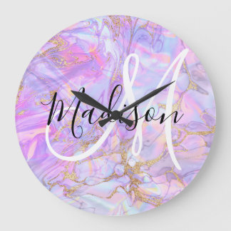 Moderne lavendel roze marmer gouden monogram naam grote klok
