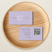 Moderne Lavendel Witte Script Monogram QR-code Visitekaartje