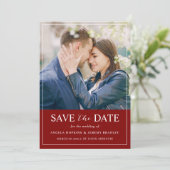 Moderne Layout Burgundy Red Minimalist Foto Save The Date (Staand voorkant)