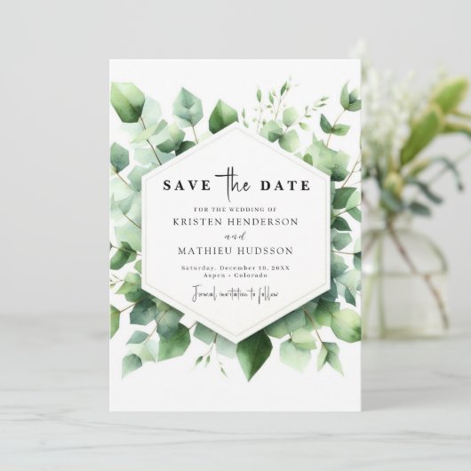 Moderne Leaf Eucalyptus Digitale Huwelijk Save The Date (Staand voorkant)